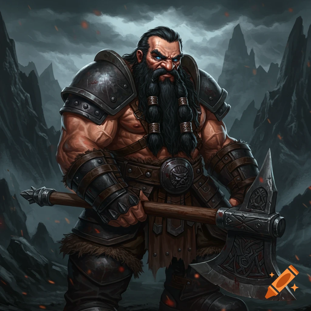A muscular fantasy dwarf warrior with a black beard and blue eyes holding an axe