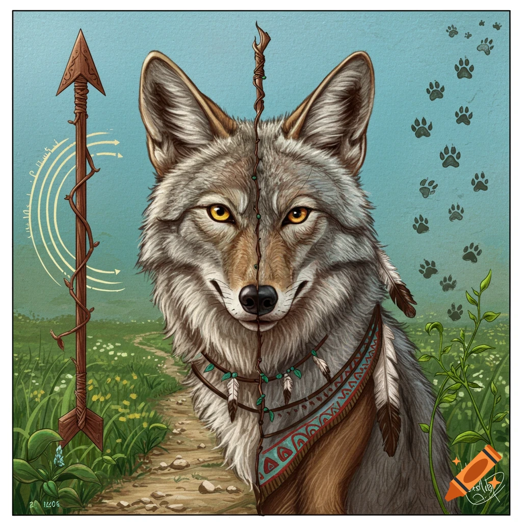 Illustration of a coyote with split expression, adorned with feathers and beads, standing near an arrow and path with paw prints.