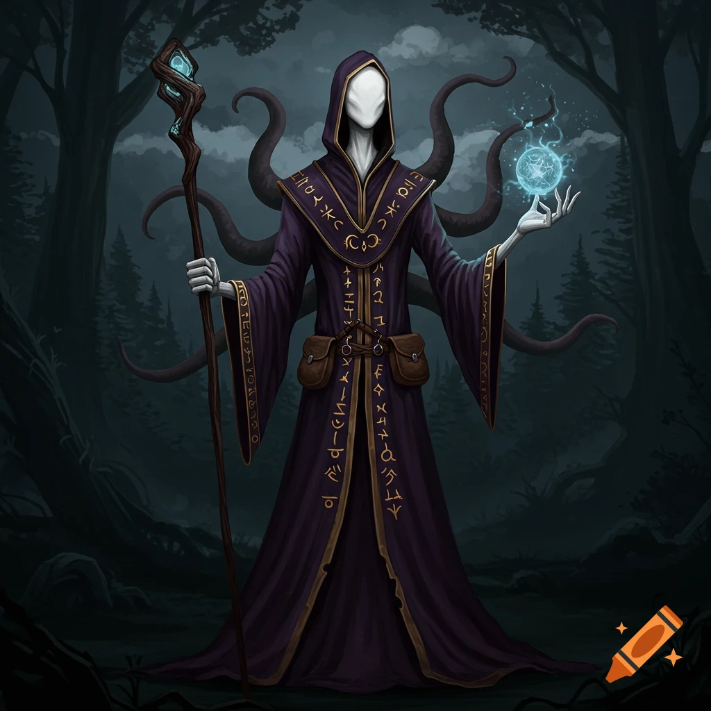 A figure in a purple hooded robe with a blank face and tentacles holds a staff and glowing orb in a dark forest.