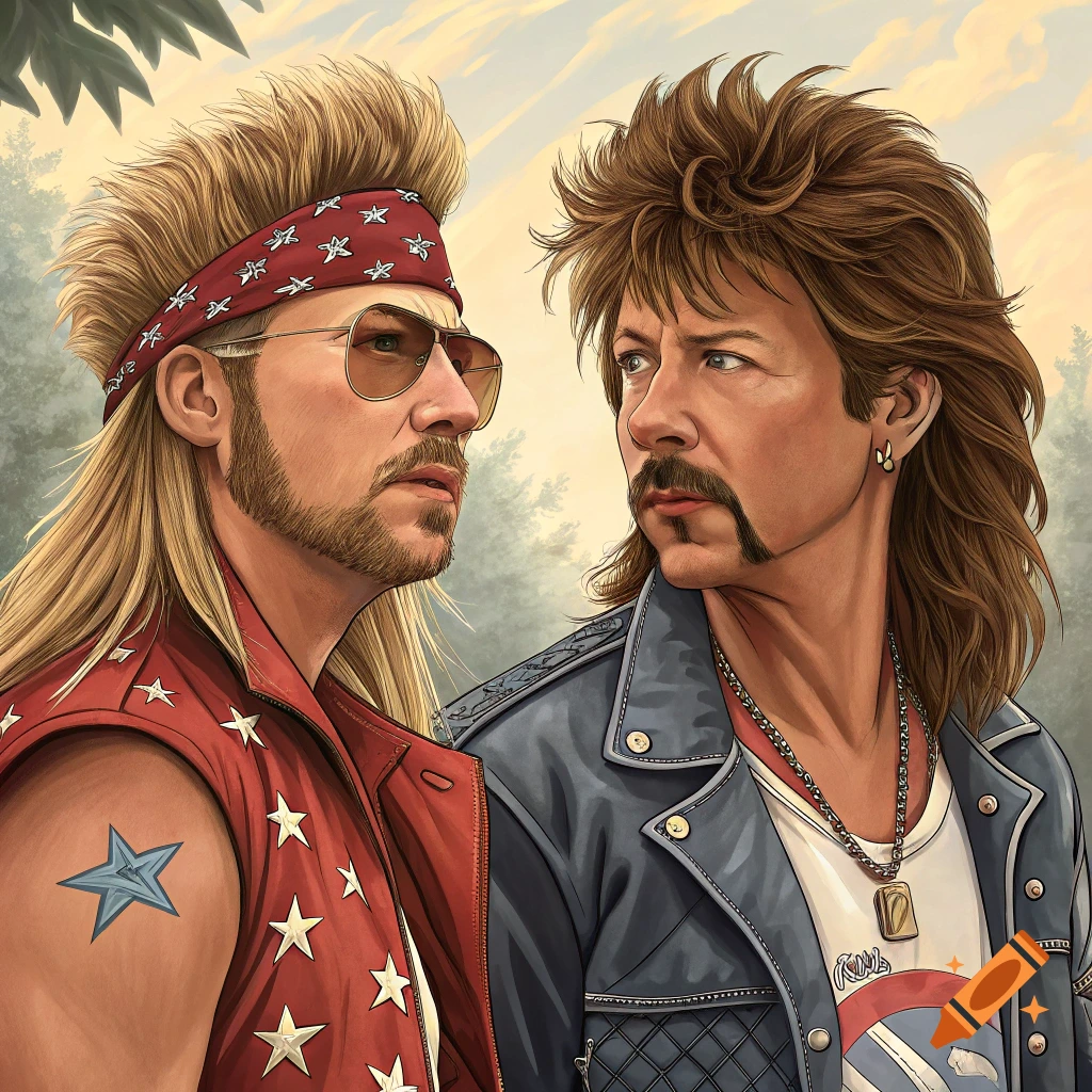 Two men with mullets and 80s rock style clothing stand outside.