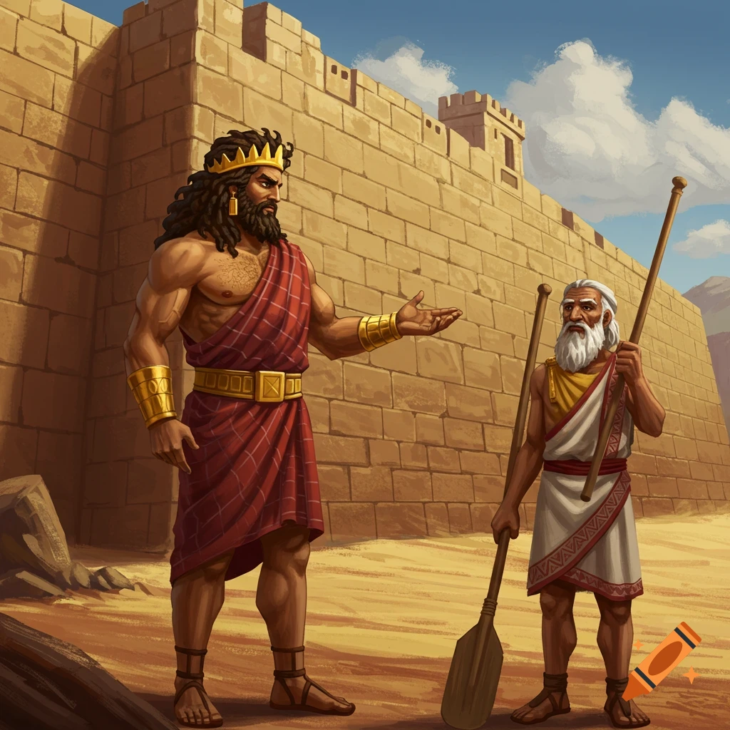Gilgamesh shows Urshanabi the Walls of Uruk in a desert scene.
