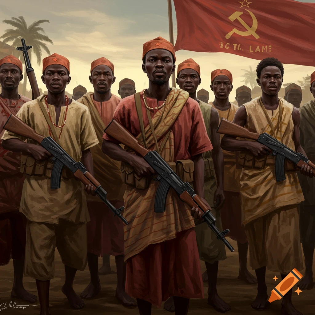 West African men with rifles and a communist flag.