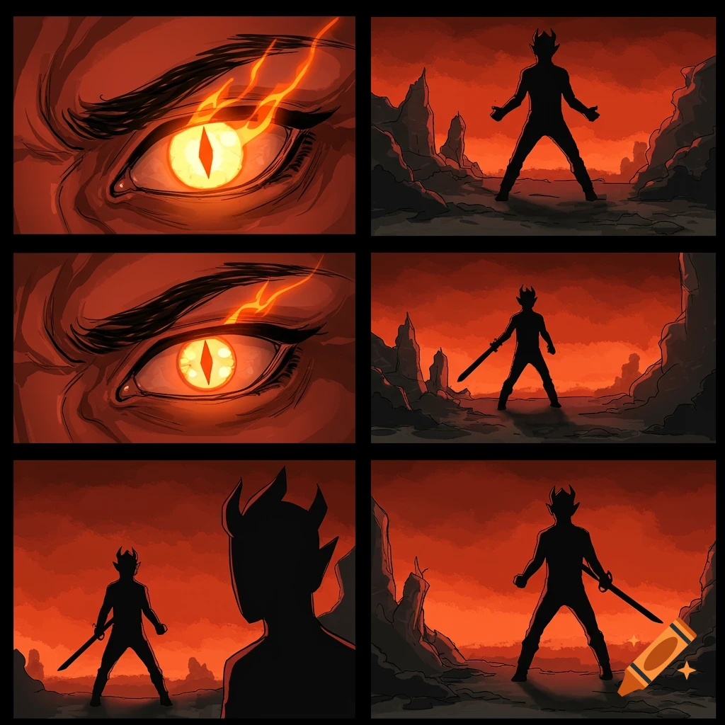 Six-panel comic shows a glowing demon eye and a silhouetted horned figure with a sword in a fiery, rocky landscape.