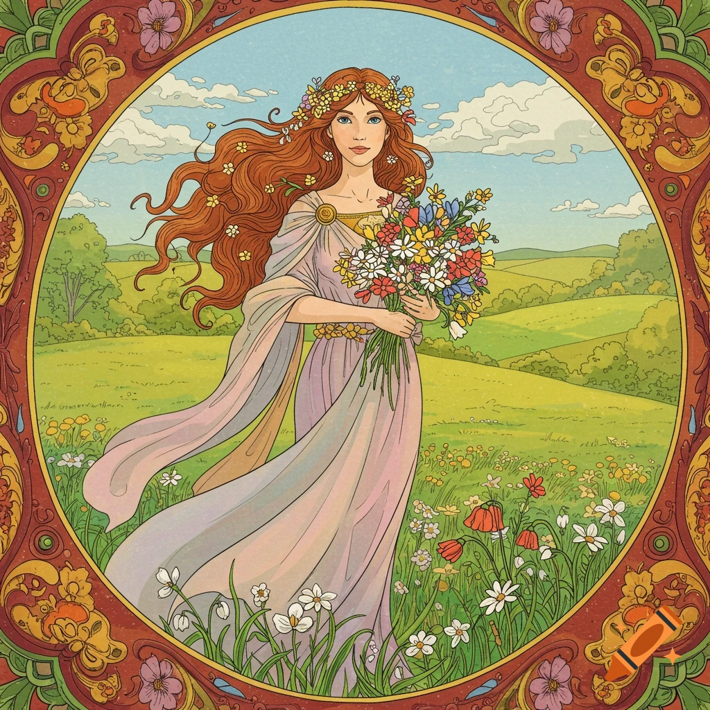A woman with red hair and flowers in a flowing dress stands in a field, framed by decorative borders.