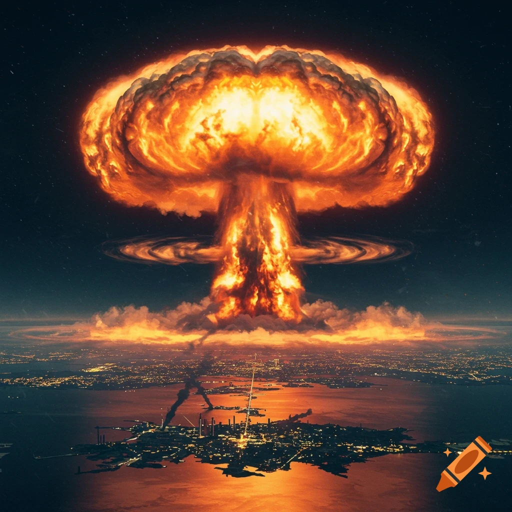 A massive nuclear mushroom cloud rises over a city at night.