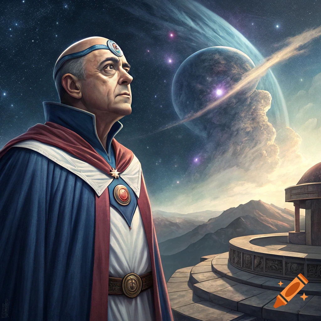 A man in a blue and red cape and headband stands on a platform looking up at a planet and nebula in space.