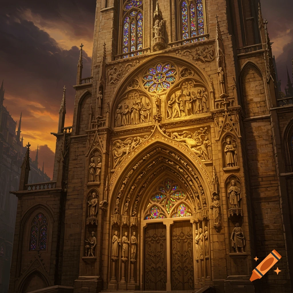A grand medieval cathedral facade with intricate carvings and stained glass under a dramatic sky.