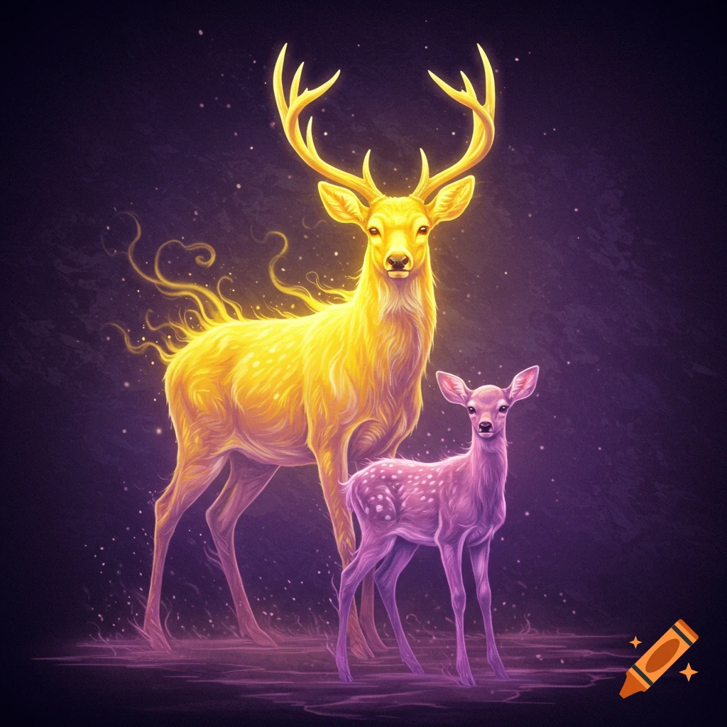 Glowing golden buck and pink fawn stand in the dark.