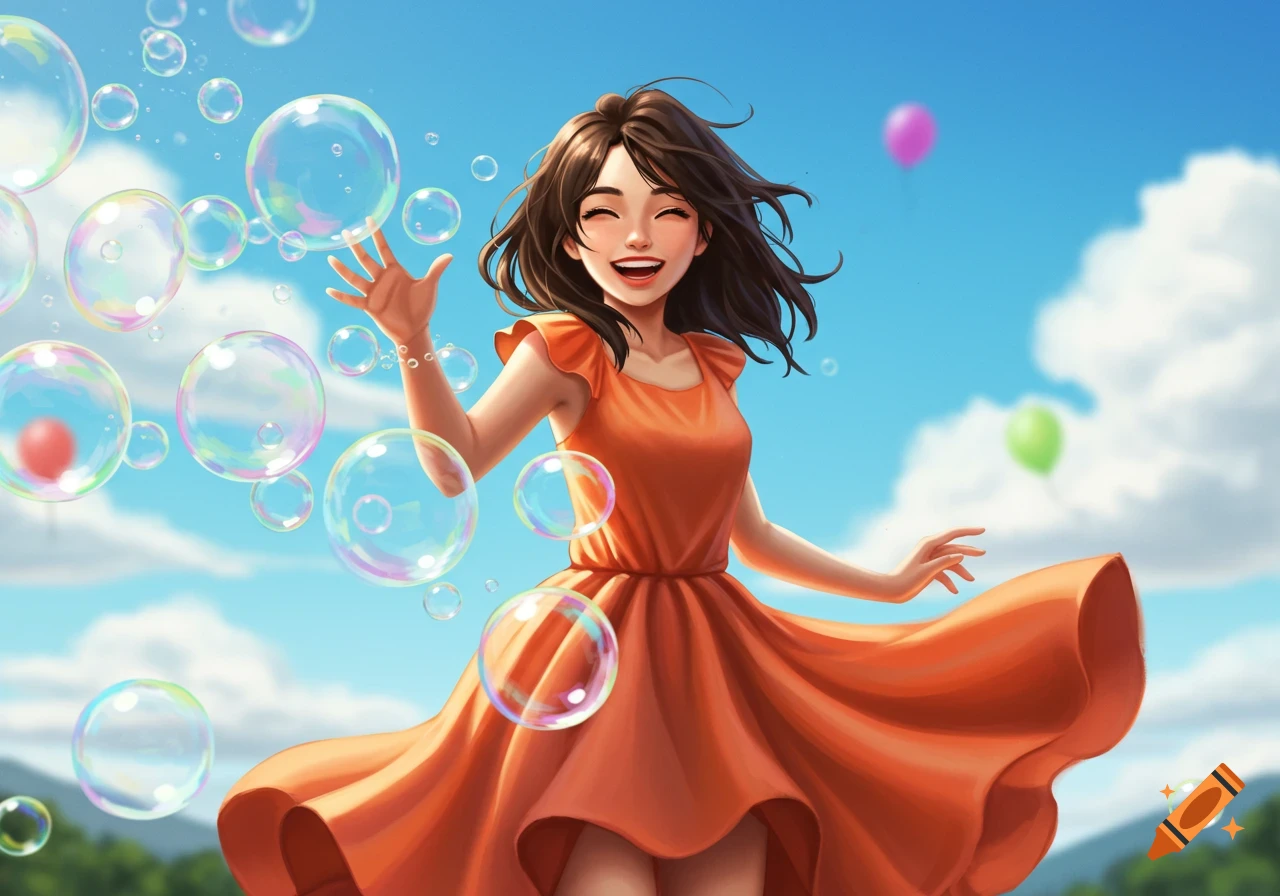 A happy young woman in an orange dress is playing with bubbles.