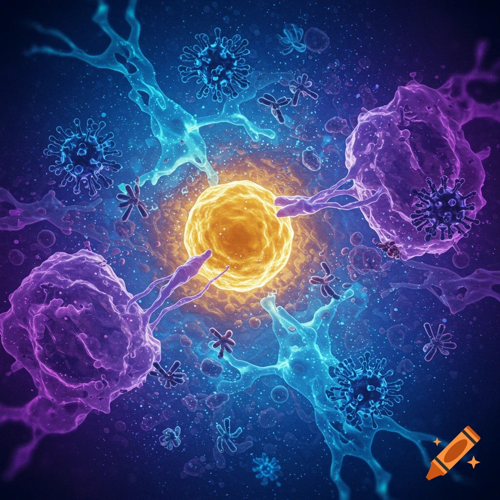 A stylized image depicting an immune response with vibrant cells and viruses against a dark background.