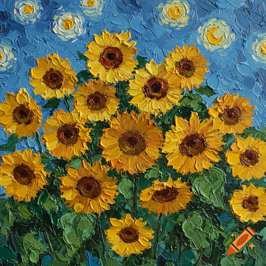 Painting of sunflowers in the style of Van Gogh with thick brushstrokes and a starry sky.