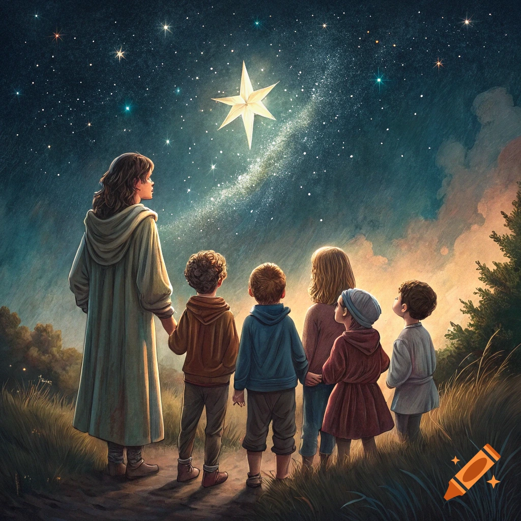 Painting of a group including children and an adult looking at a bright star in a night sky over a landscape.