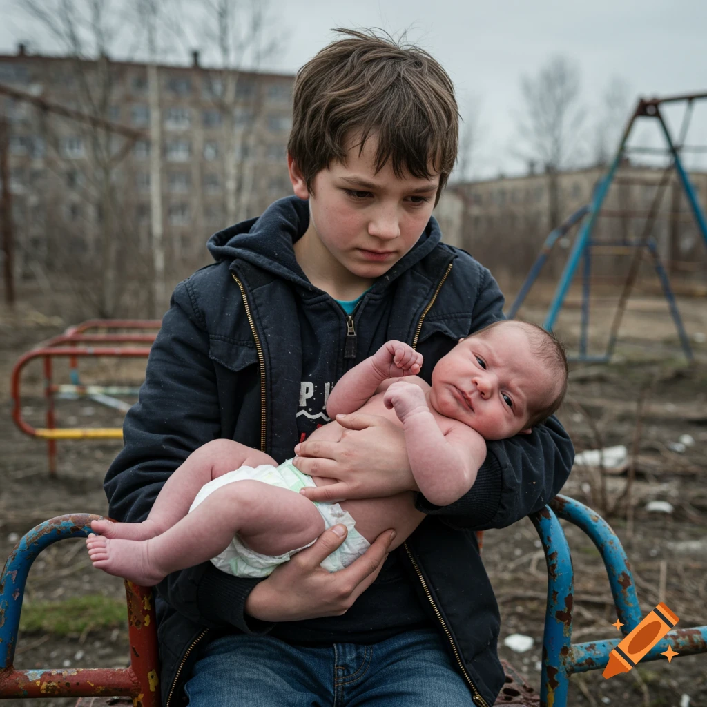 A teenage boy holds a newborn baby in a diaper in an abandoned park. Documentary style.