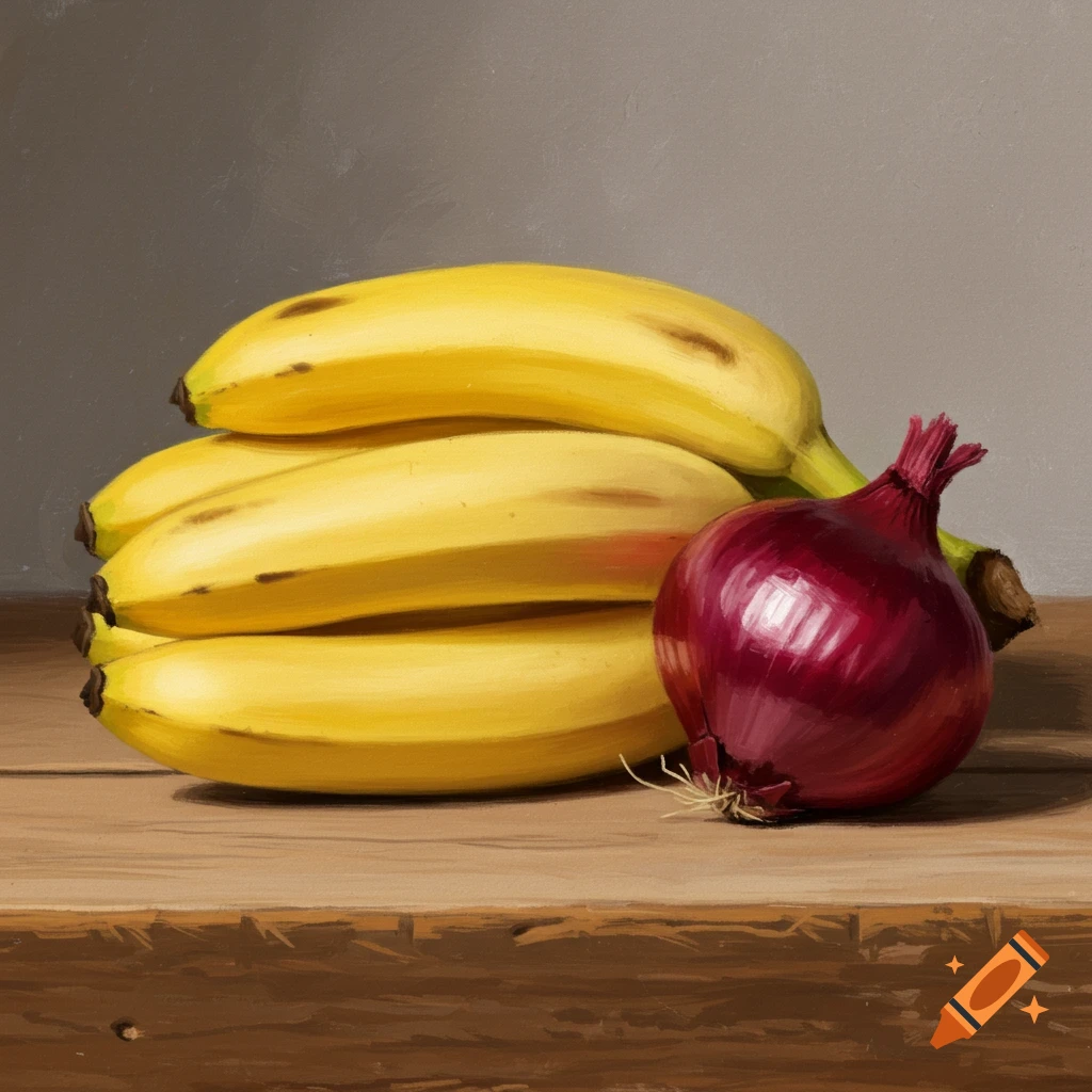 Still life of bananas and a red onion on a wooden table.