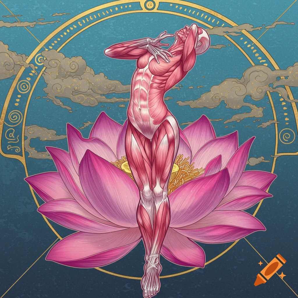 An anatomical human figure with visible muscles and bones, standing on a large pink lotus flower.