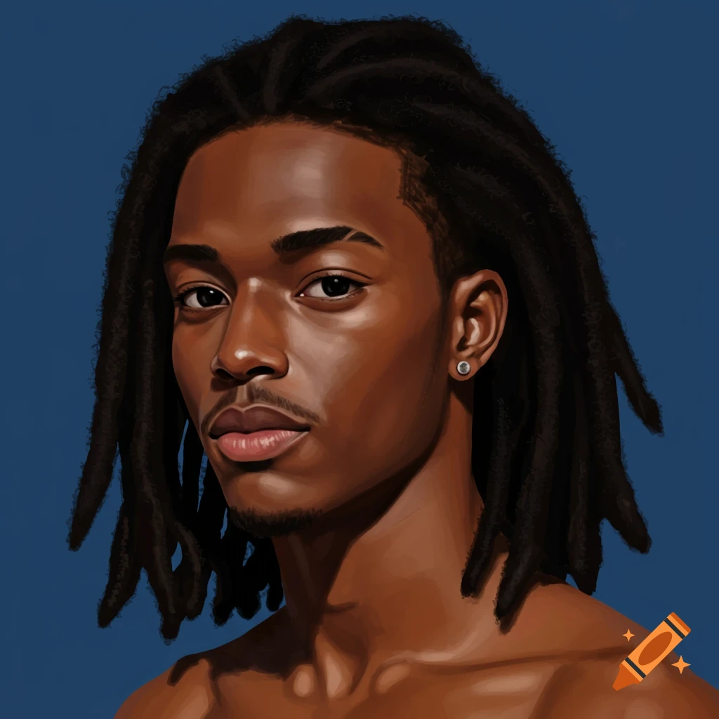 A young man with dreadlocks against a blue background.