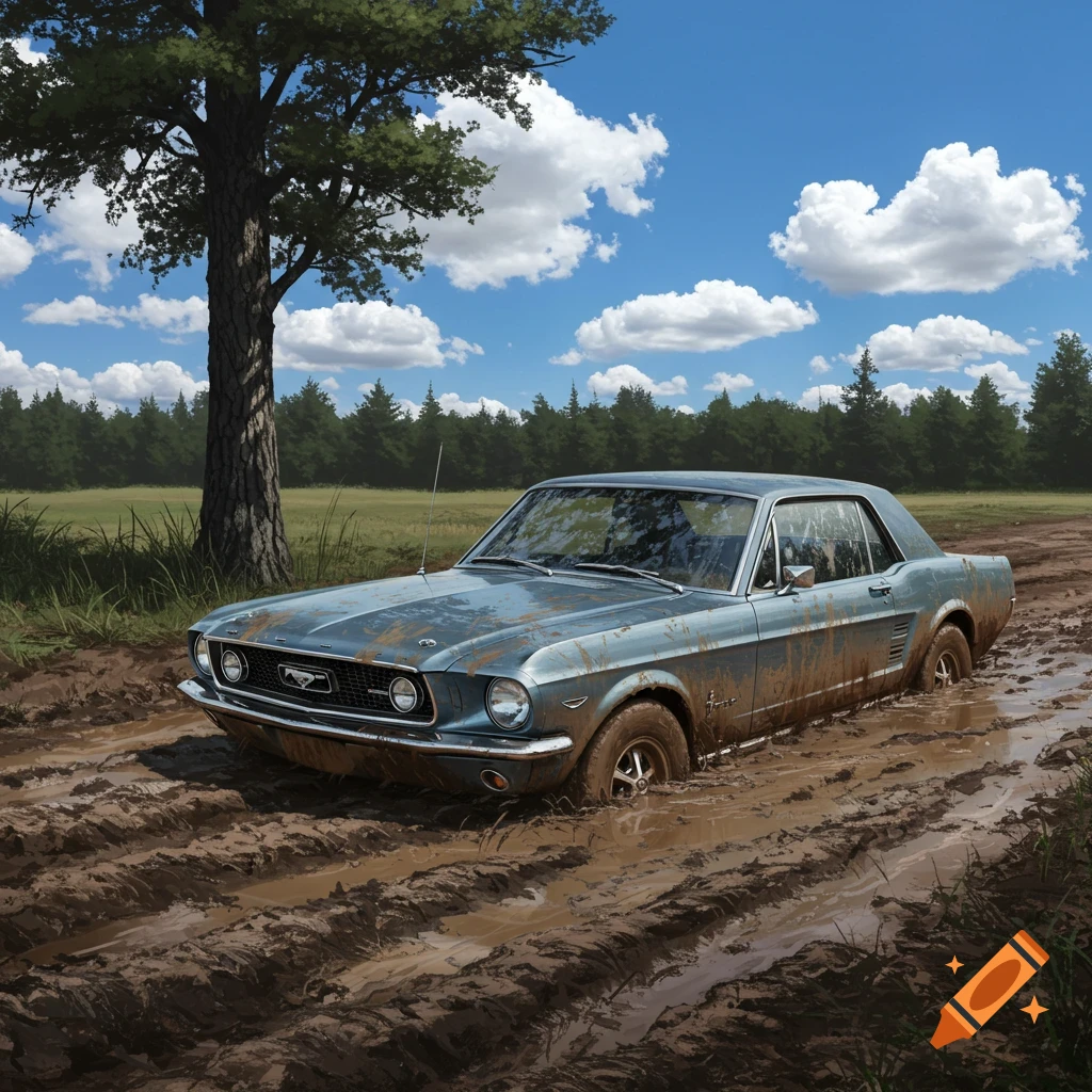 Blue classic car stuck in deep mud by a tree under a cloudy sky.