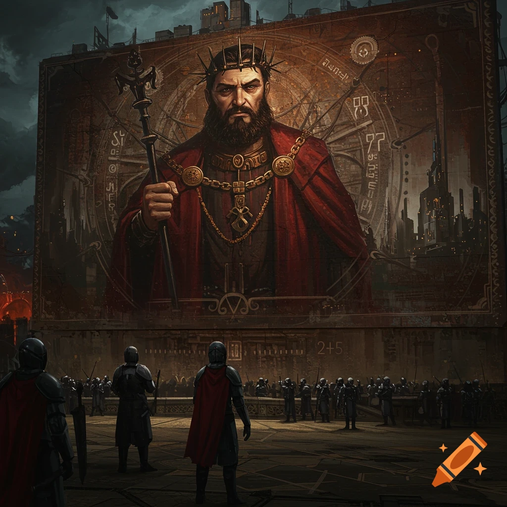 A large mural depicts a king with soldiers standing below in a dark, technofeudal city.