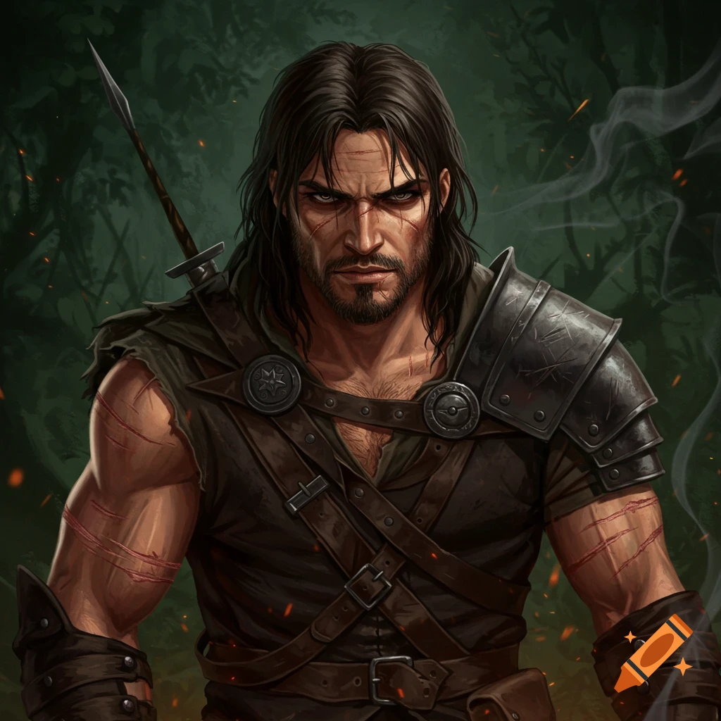 A rugged fantasy mercenary with scars and dark hair, wearing armor, in a forest.