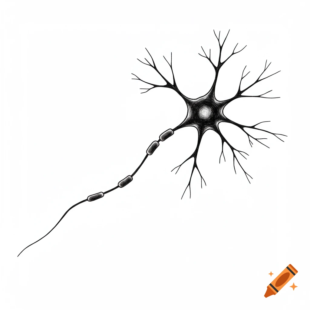 Simple black and white drawing of a neuron