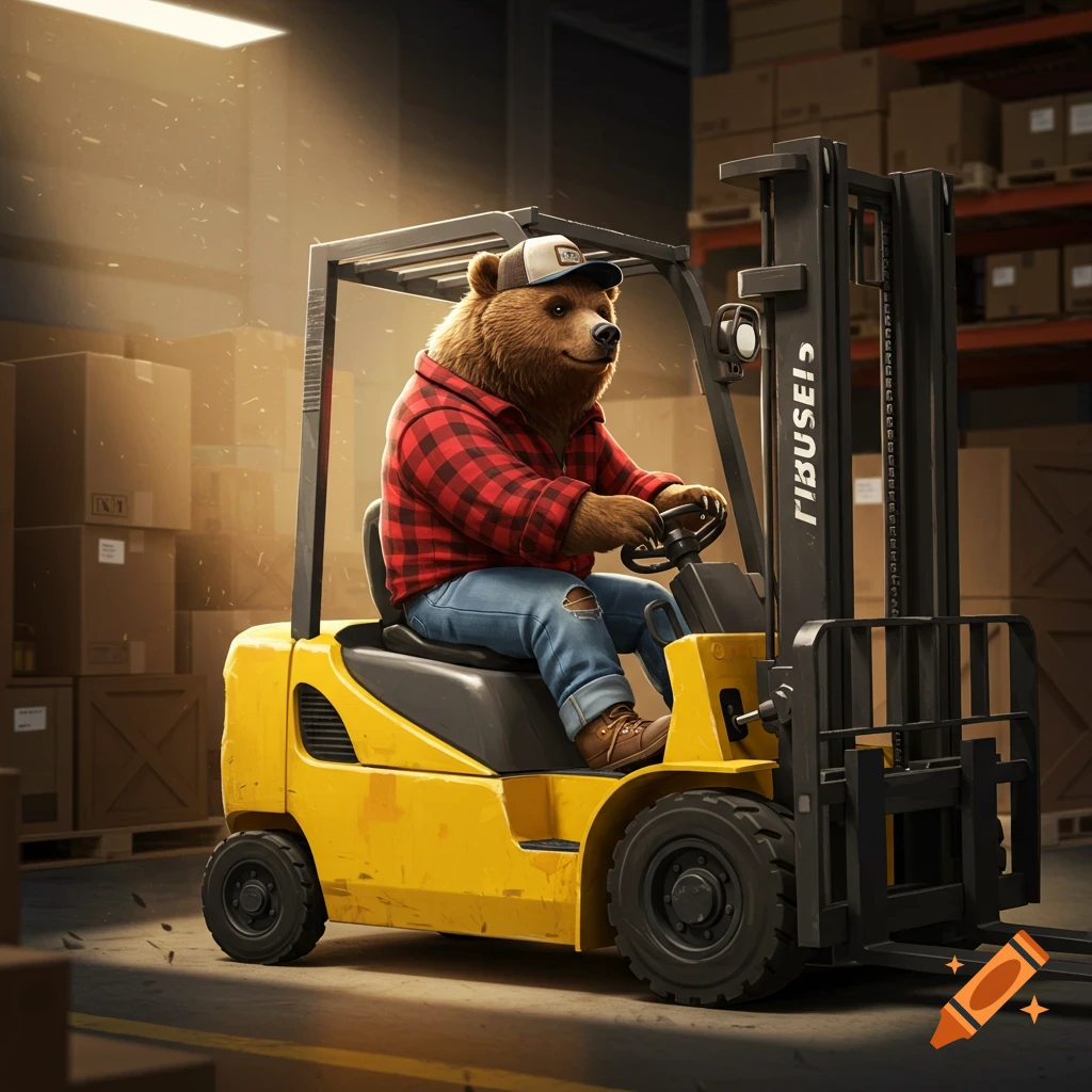 A brown bear wearing a flannel shirt, jeans, and a trucker hat drives a yellow forklift in a warehouse.