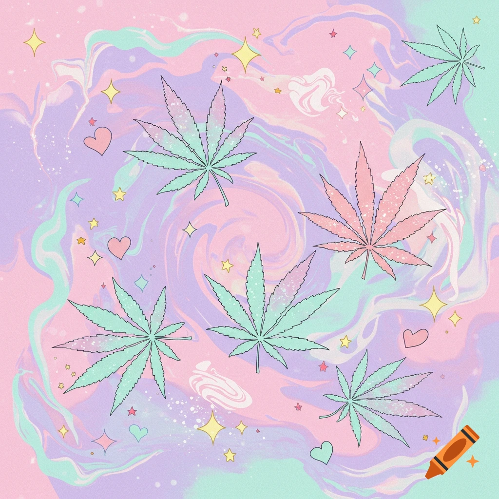 A pastel marble background with scattered cannabis leaves, stars, and hearts.