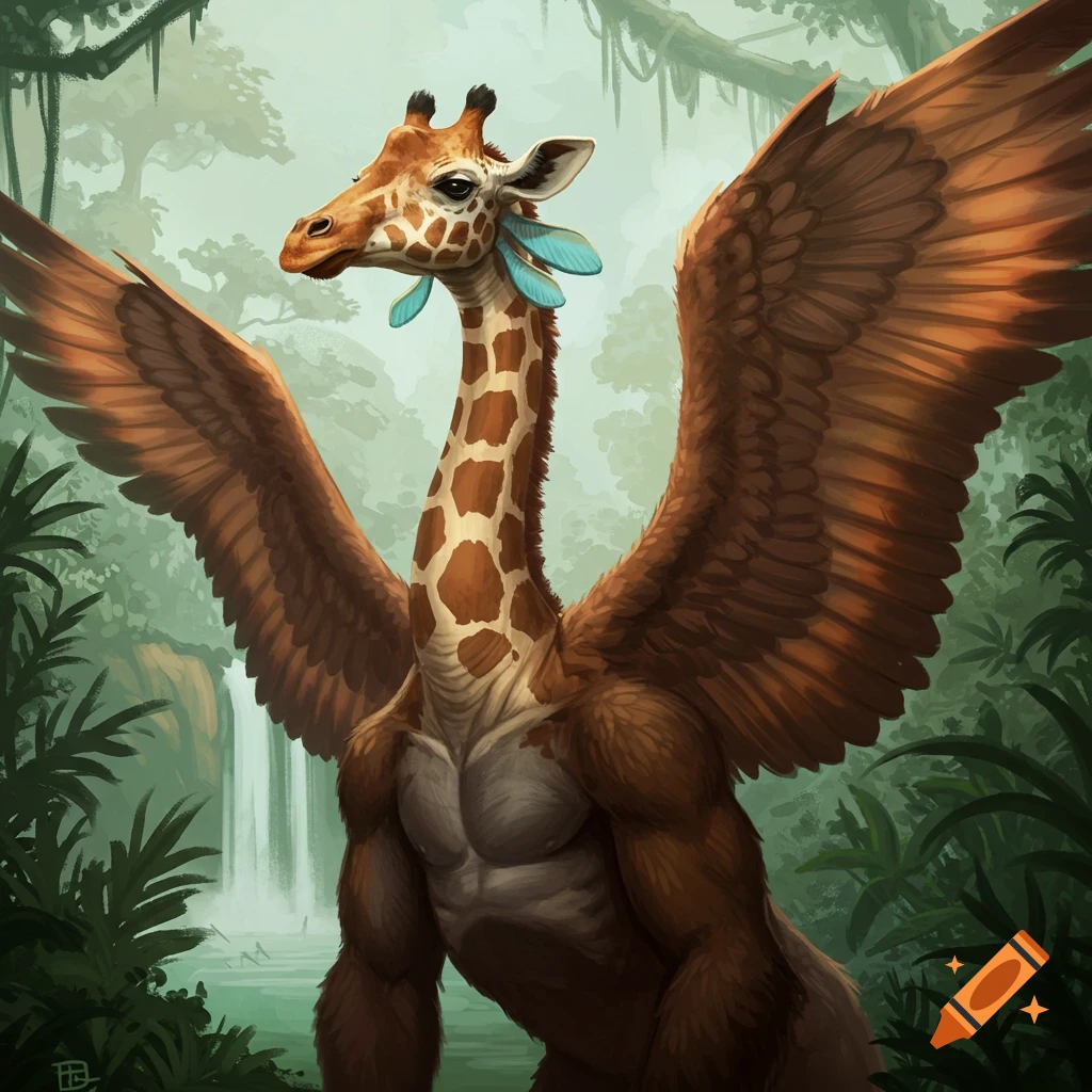 A winged giraffe-like creature with muscular arms is in a jungle.