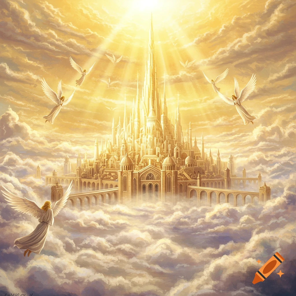 A divine golden city stands among clouds, bathed in light, with angels flying