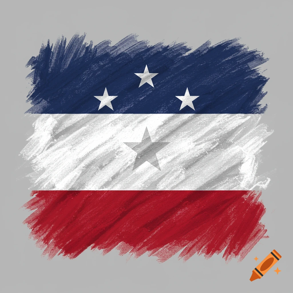 A flag with blue, white, and red brushstroke stripes and stars.
