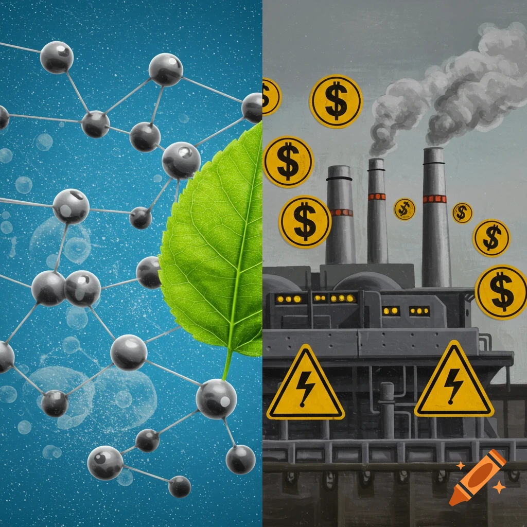Split image contrasting molecule structures and a leaf with a polluting factory, dollar signs, and warning signs.