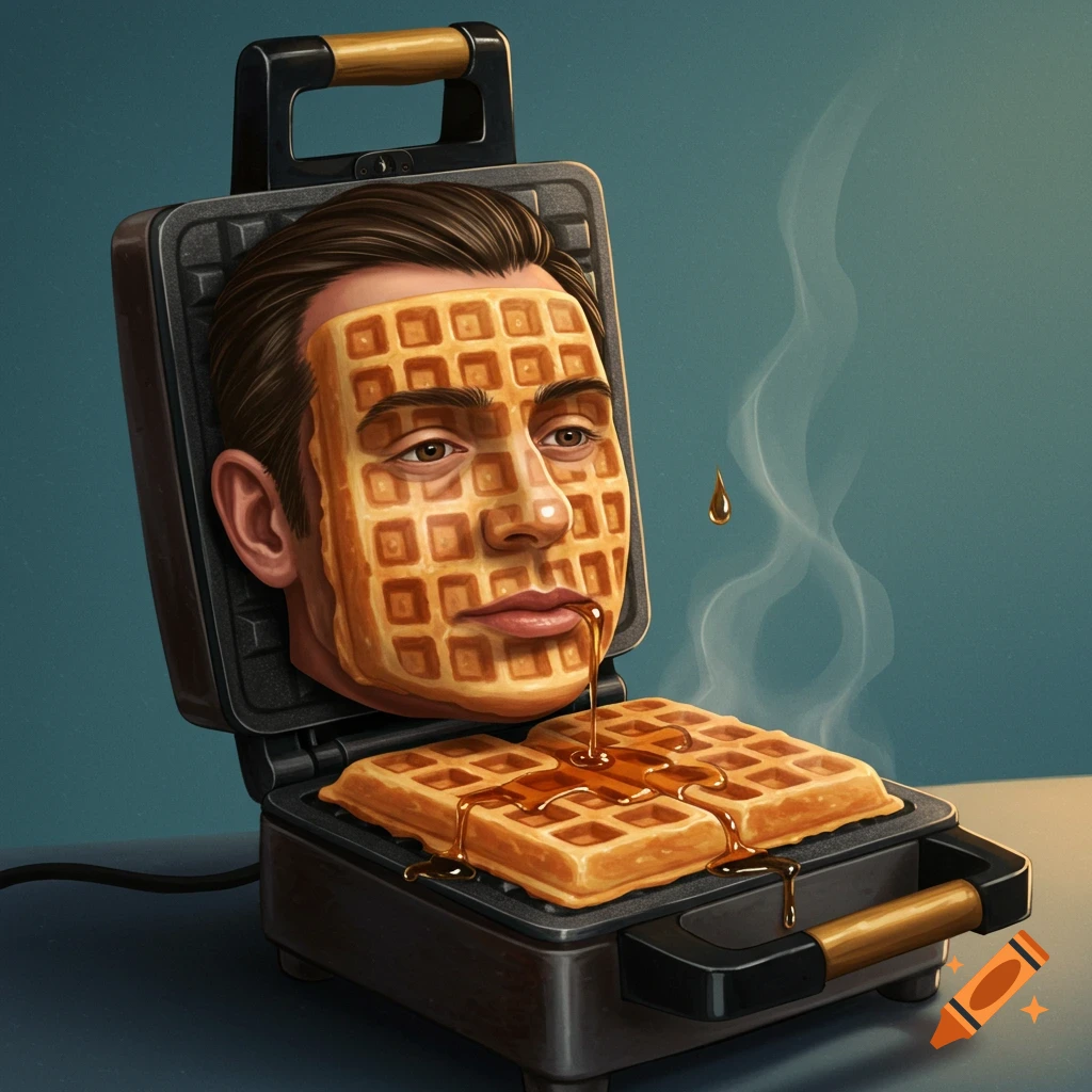 Surreal image of a man's head with waffle face in a waffle maker, syrup dripping onto waffles.
