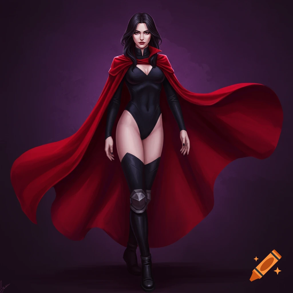 A woman in a black bodysuit and red cape.