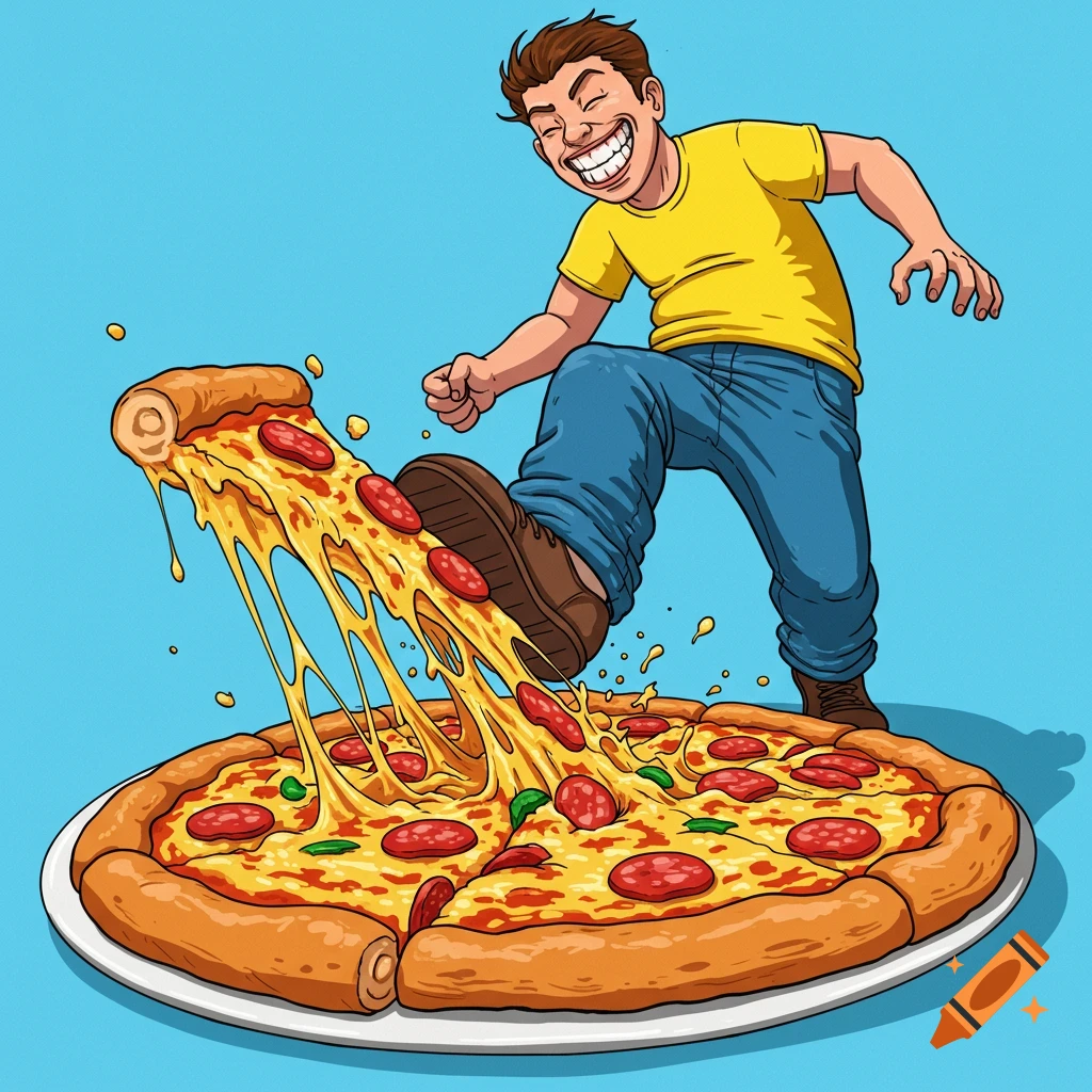 Cartoon person stomping on a large pizza with stretchy cheese.