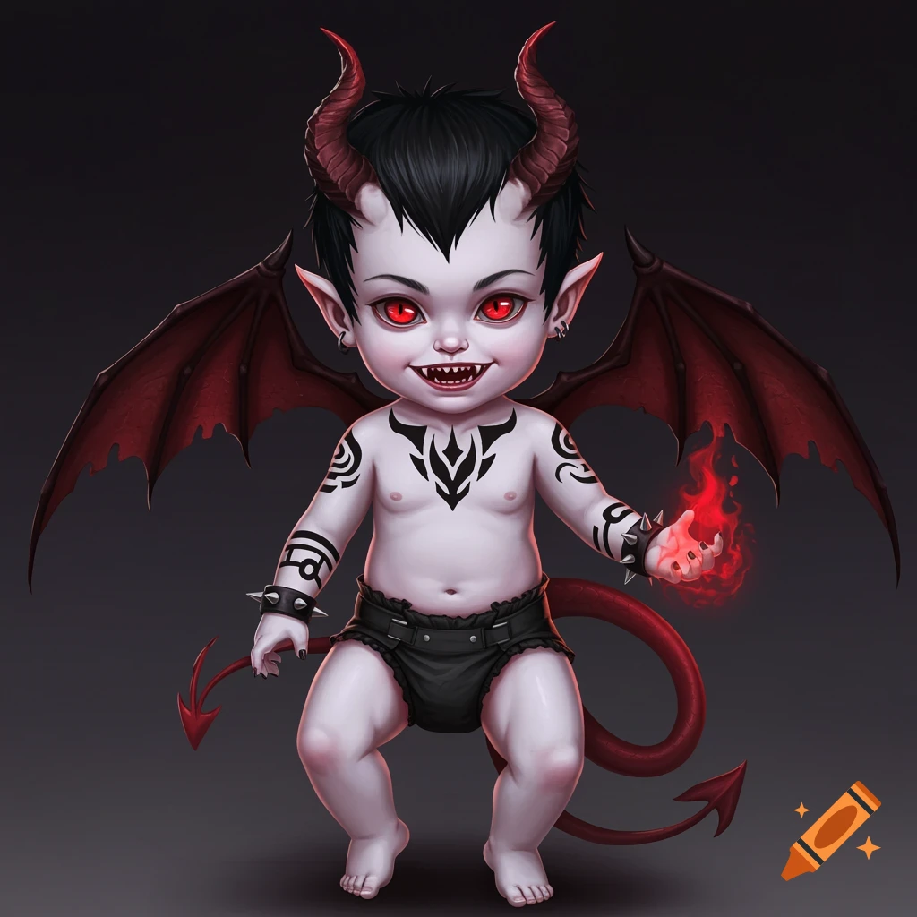 Cartoon baby demon boy with red eyes, horns, wings, tail, tattoos, and fire in hand.