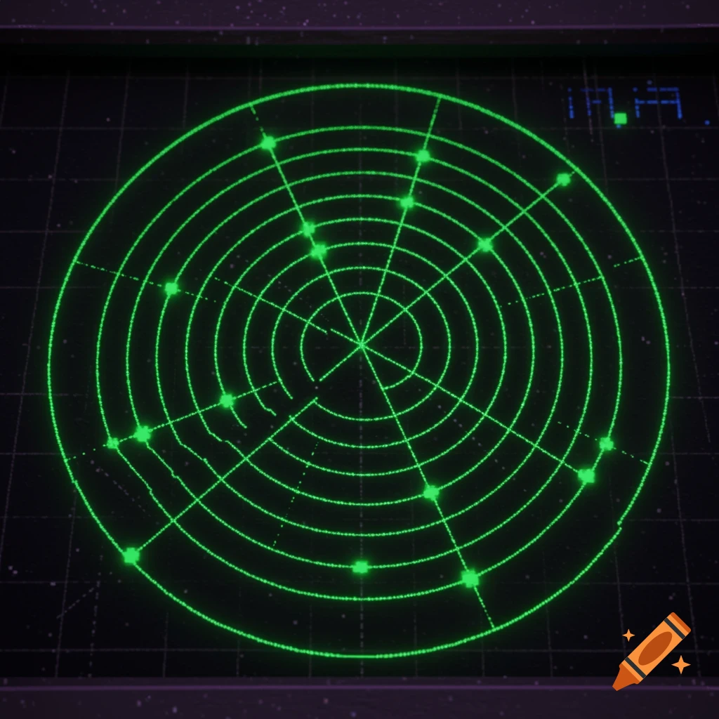 A green pixel art radar screen with dots and grid lines on a dark background.