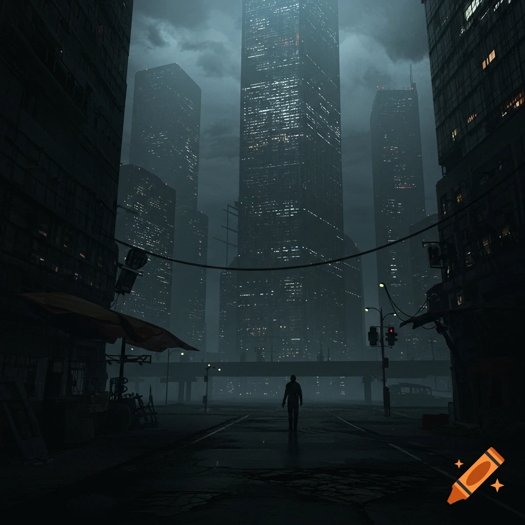 Figure walking on a street in a dark, atmospheric cityscape with tall buildings.