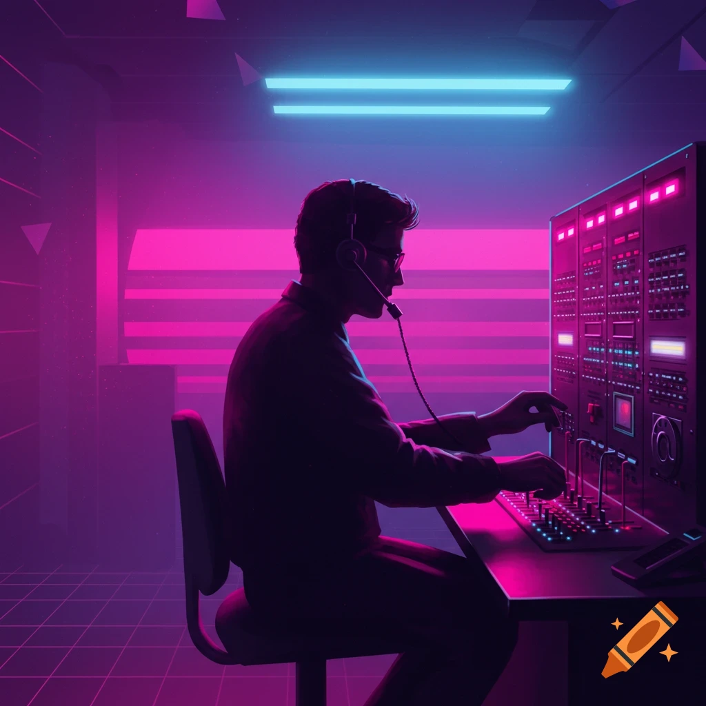 Silhouette of a person working at a switchboard in a vaporwave room with neon lighting.