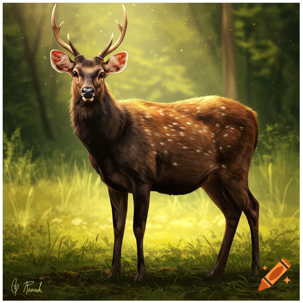 A sambar deer standing in a forest clearing.