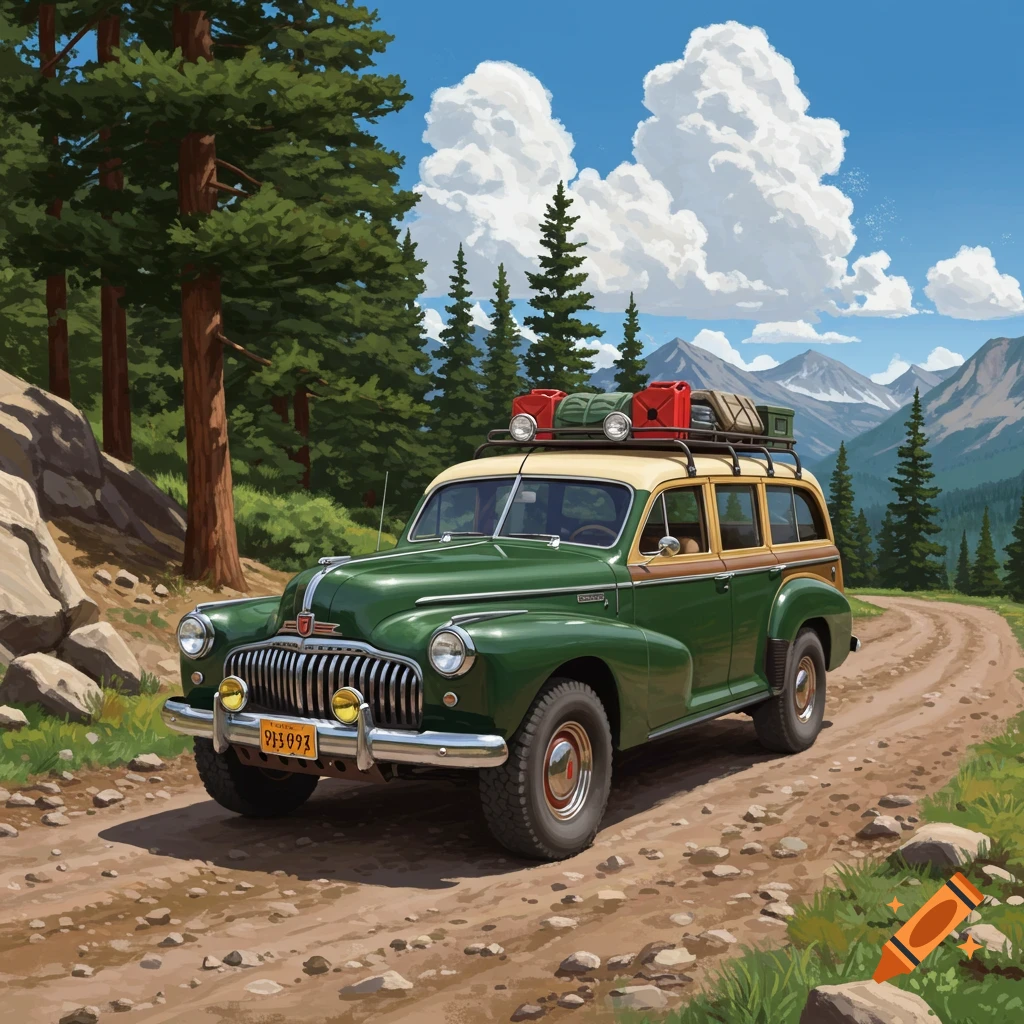 A green and cream Buick Roadmaster wagon driving on a dirt road in a mountain forest.