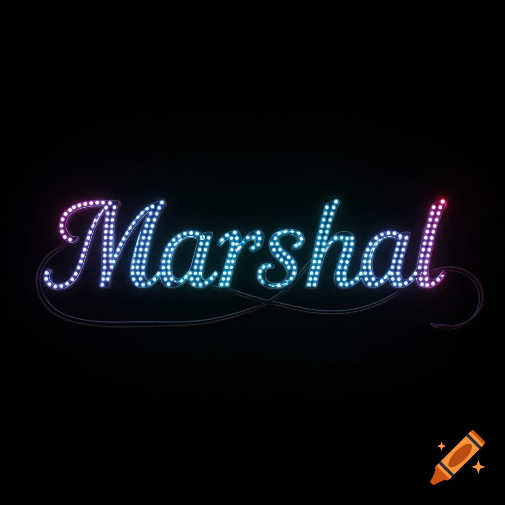 The word Marshal spelled out in glowing blue, purple, and pink LED lights against a black background.