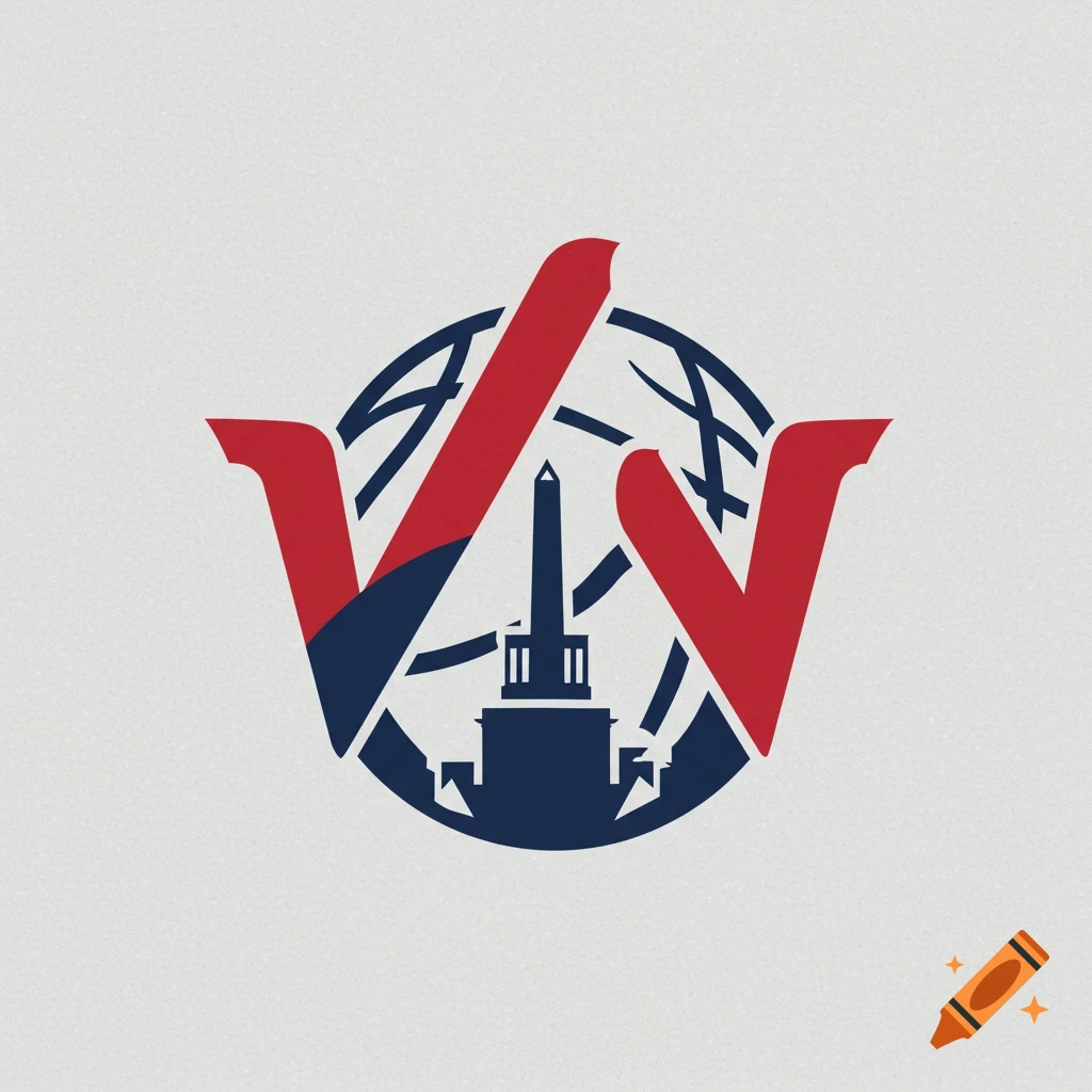 Logo with two large red W's, a navy blue Washington Monument, and globe lines inside a blue circle on a grey background.