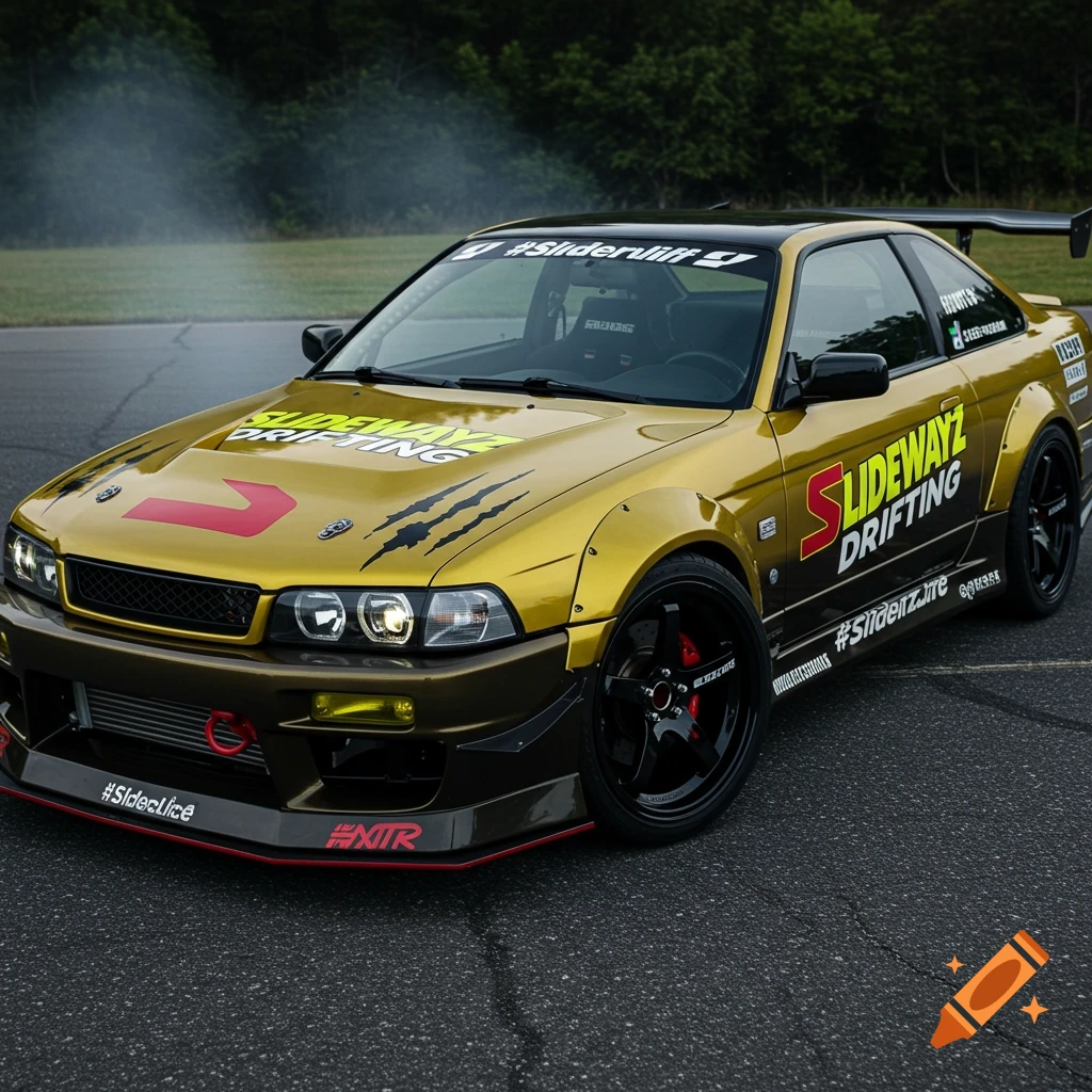 A gold and black drift car with livery and decals parked on asphalt.