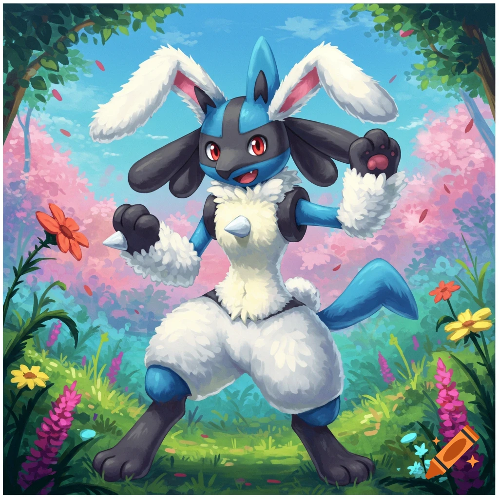 A Lucario character in a white fluffy bunny suit is standing in a colorful forest.