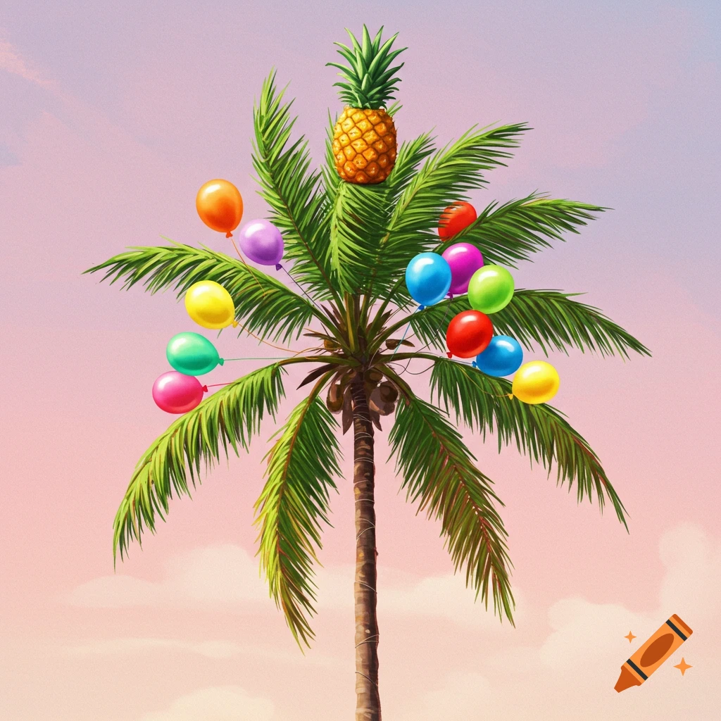A palm tree with a pineapple on top and colorful balloons.