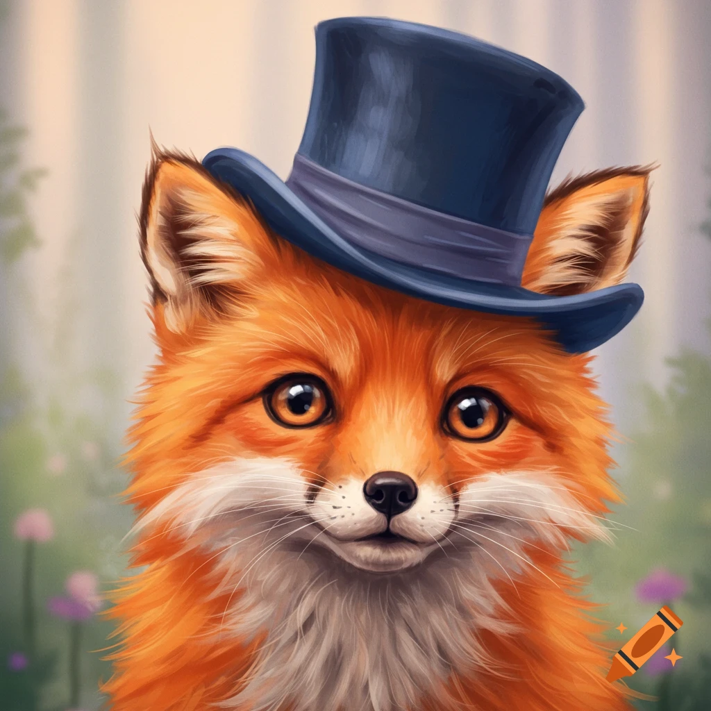 A cute fox wearing a top hat