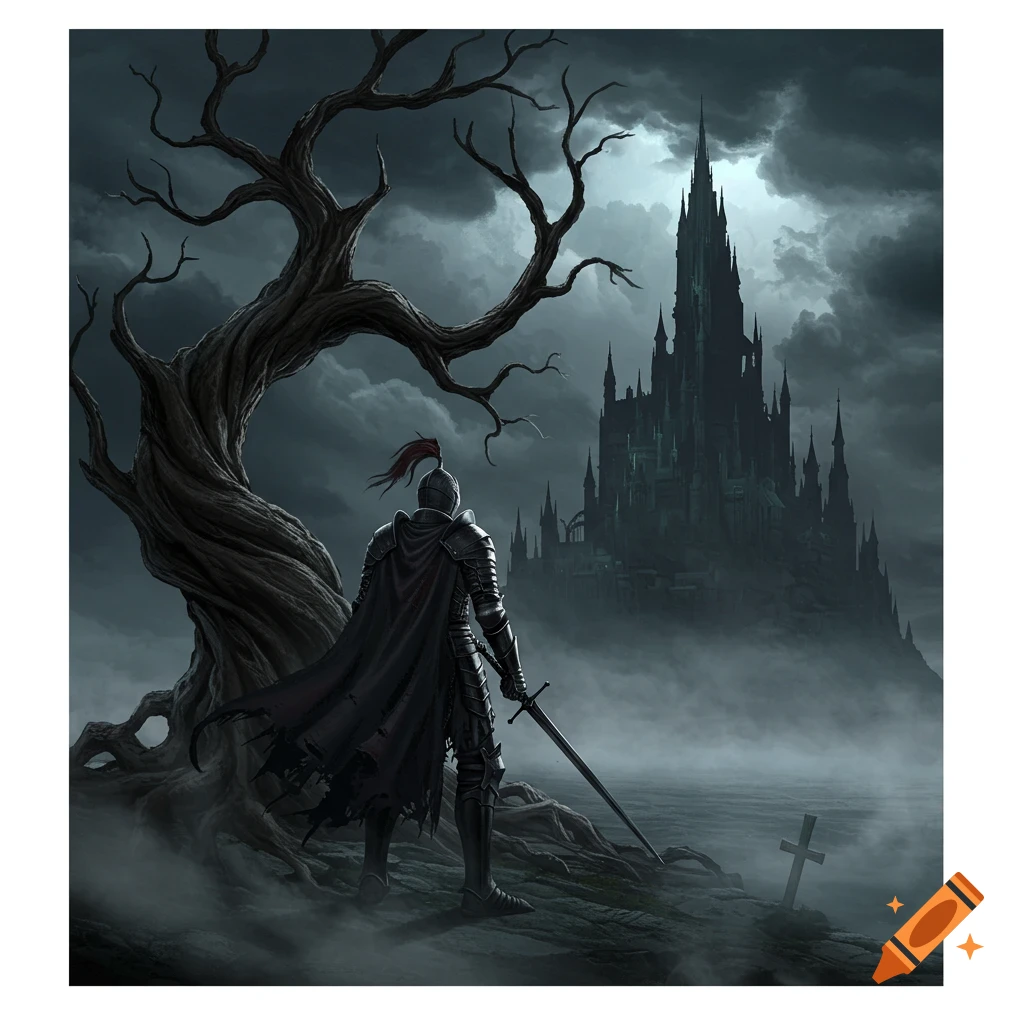 A battle-worn knight stands under a twisted tree, gazing at a haunted castle in a dark, misty fantasy scene.