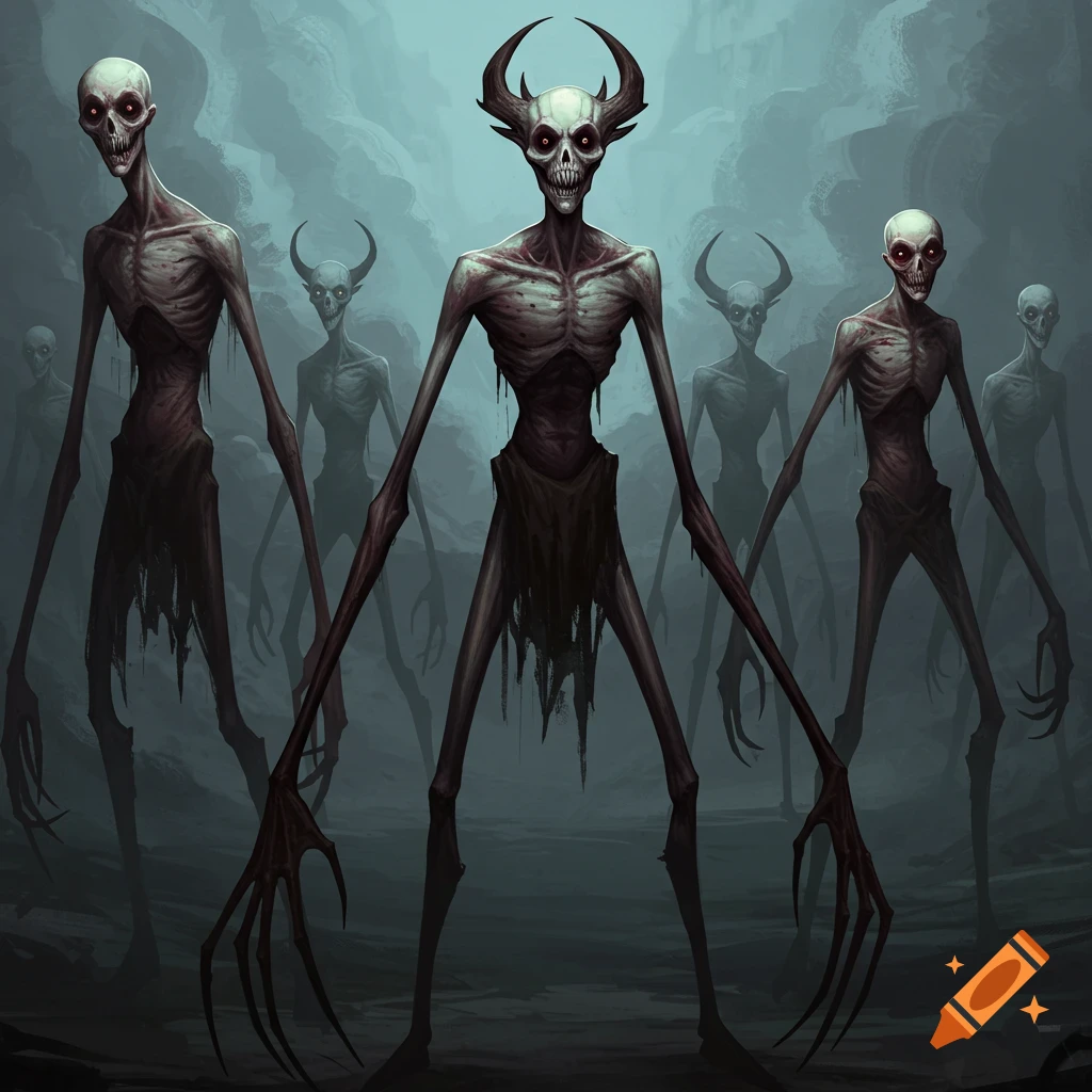 Tall, emaciated, skeletal creatures with horns and glowing eyes are depicted in a misty environment.