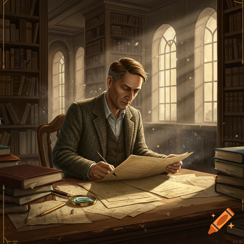 A man writing on papers at a desk in a library with sunlight streaming in.