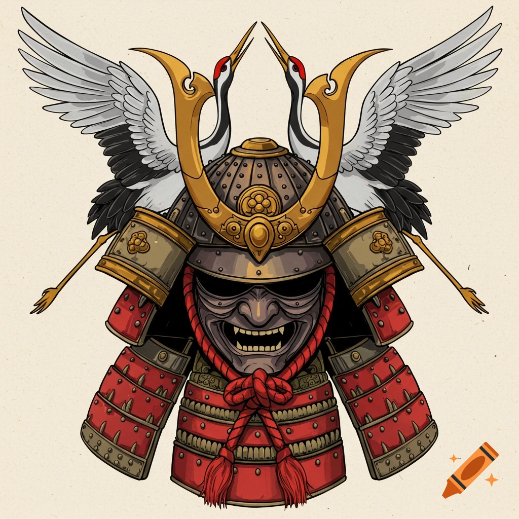 Illustration of a samurai helmet with two cranes.