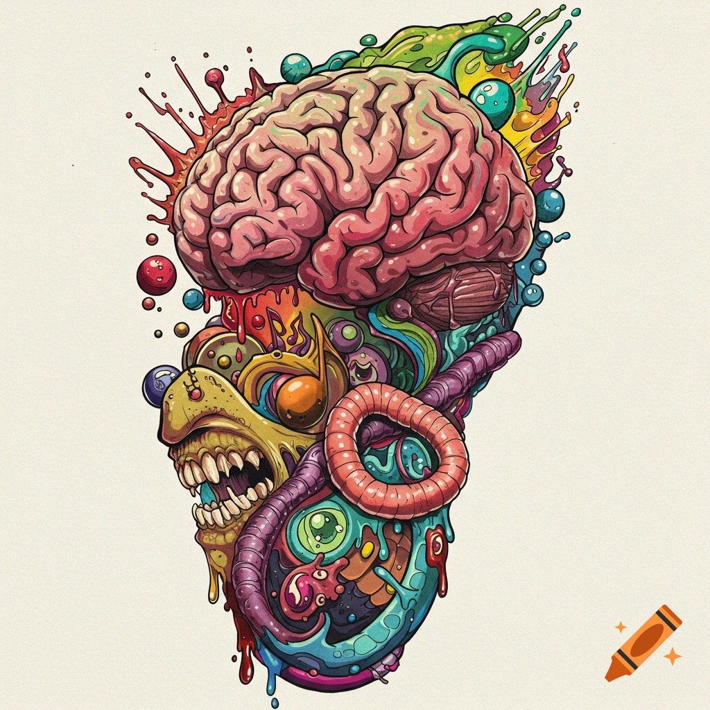 Colorful abstract image of a grotesque head with a brain, teeth, and organic shapes.